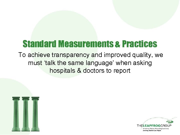 Standard Measurements & Practices To achieve transparency and improved quality, we must ‘talk the