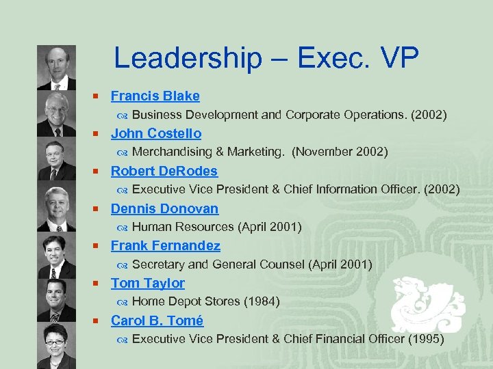 Leadership – Exec. VP ¡ Francis Blake Business Development and Corporate Operations. (2002) ¡