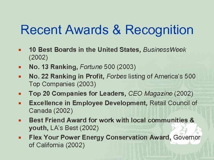 Recent Awards & Recognition ¡ ¡ ¡ ¡ 10 Best Boards in the United
