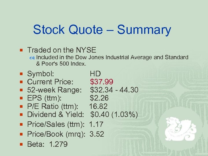 Stock Quote – Summary ¡ Traded on the NYSE Included in the Dow Jones