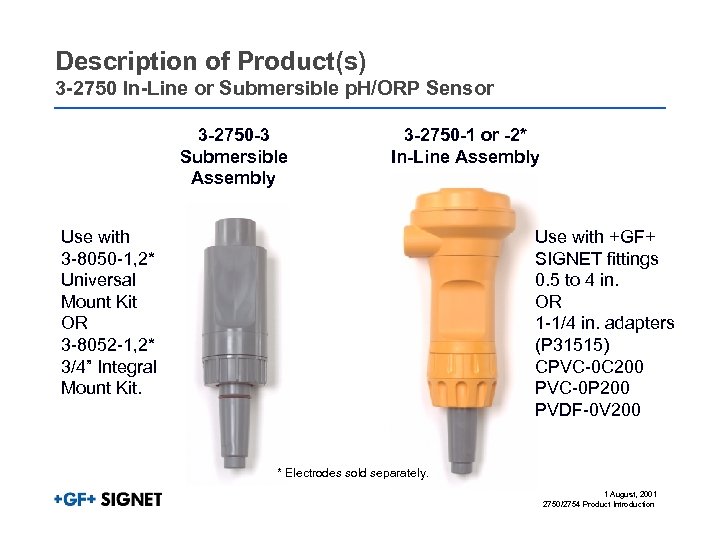 Description of Product(s) 3 -2750 In-Line or Submersible p. H/ORP Sensor 3 -2750 -3