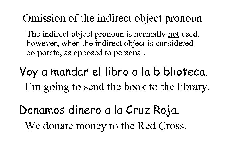 Omission of the indirect object pronoun The indirect object pronoun is normally not used,