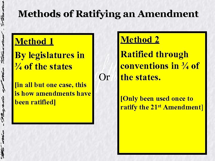 Methods of Ratifying an Amendment Method 1 By legislatures in ¾ of the states