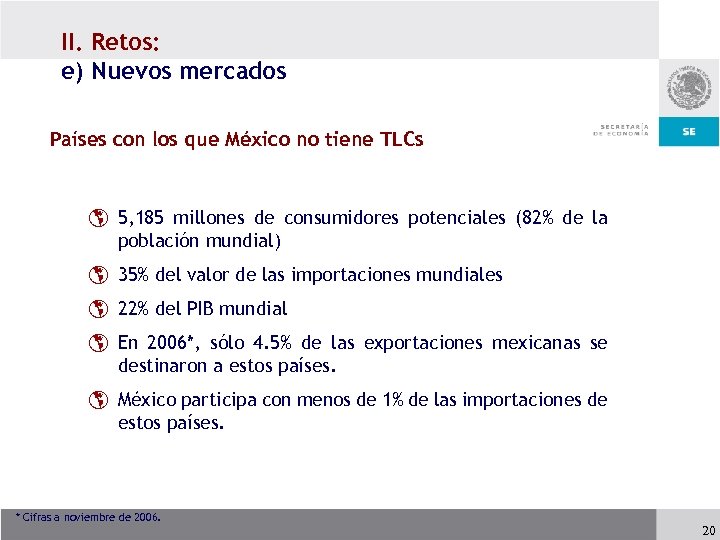 II. Retos: e) Nuevos mercados Países con los que México no tiene TLCs þ