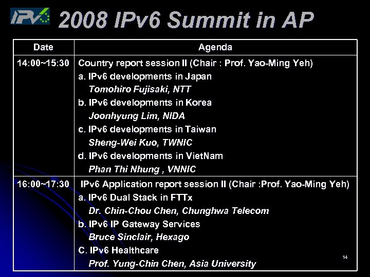 2008 IPv 6 Summit in AP Date Agenda 14: 00~15: 30 Country report session
