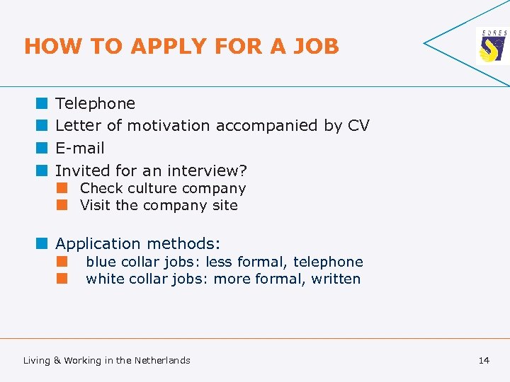 HOW TO APPLY FOR A JOB ¢ ¢ Telephone Letter of motivation accompanied by