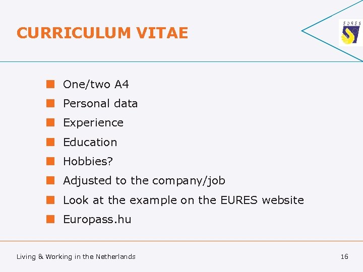 CURRICULUM VITAE ¢ One/two A 4 ¢ Personal data ¢ Experience ¢ Education ¢