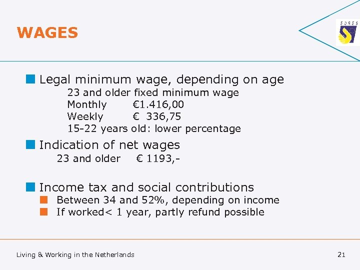WAGES ¢ Legal minimum wage, depending on age 23 and older fixed minimum wage