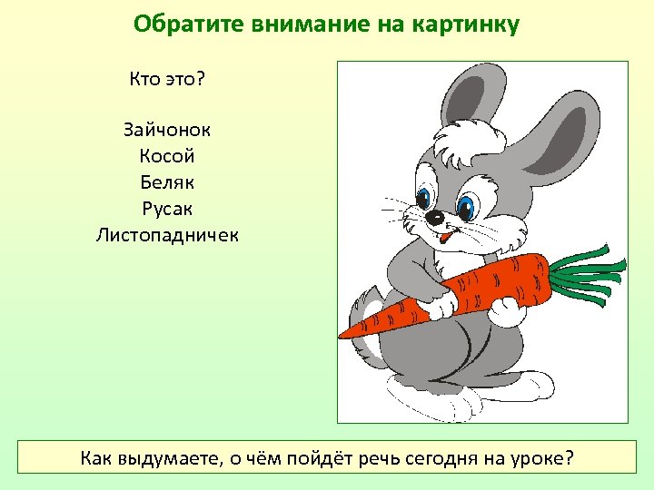 Обратите внимание на картинку Кто это? Зайчонок Косой Беляк Русак Листопадничек Как выдумаете, о