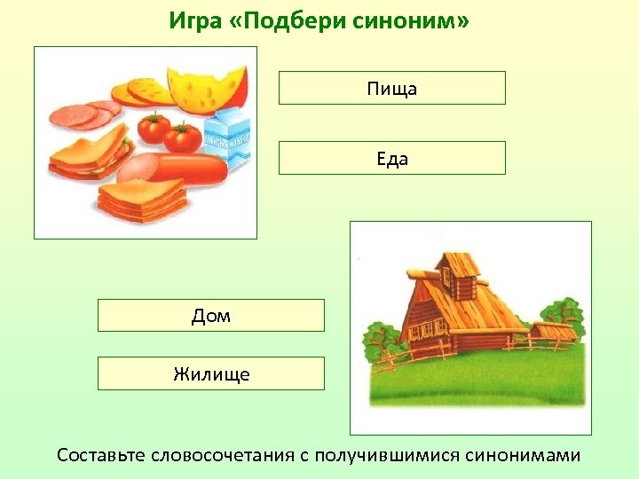 Игра «Подбери синоним» Пища Еда Дом Жилище Составьте словосочетания с получившимися синонимами 