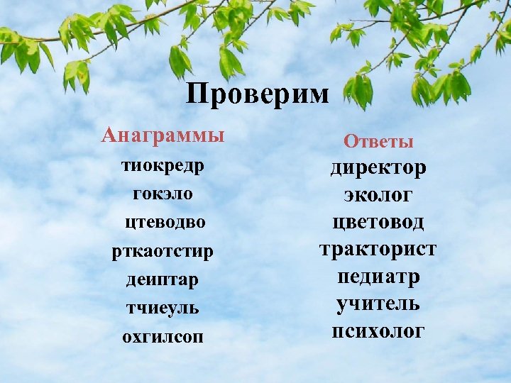 Проверим Анаграммы Ответы тиокредр гокэло цтеводво рткаотстир деиптар тчиеуль охгилсоп директор эколог цветовод тракторист