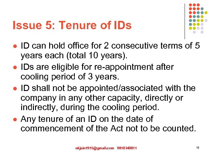 Issue 5: Tenure of IDs l l ID can hold office for 2 consecutive