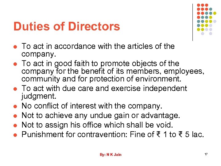 Duties of Directors l l l l To act in accordance with the articles