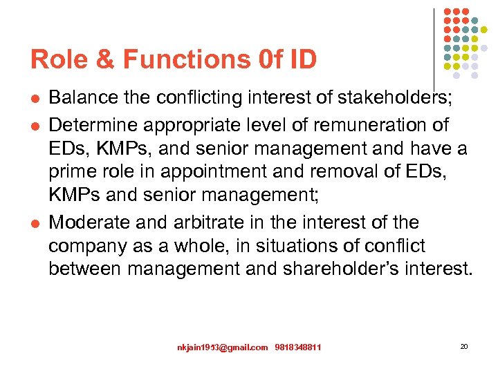 Role & Functions 0 f ID l l l Balance the conflicting interest of