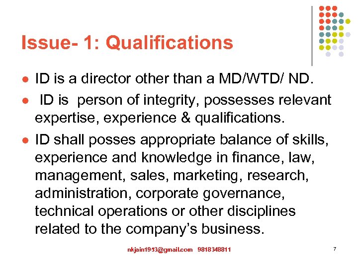 Issue- 1: Qualifications l l l ID is a director other than a MD/WTD/