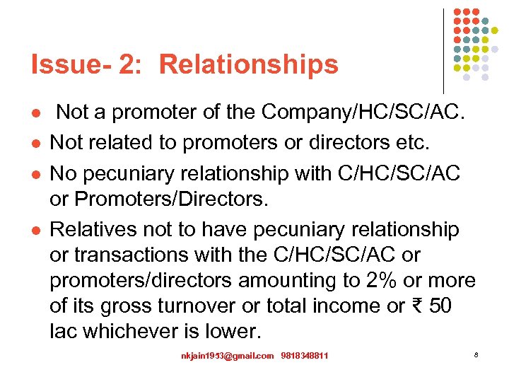 Issue- 2: Relationships l l Not a promoter of the Company/HC/SC/AC. Not related to