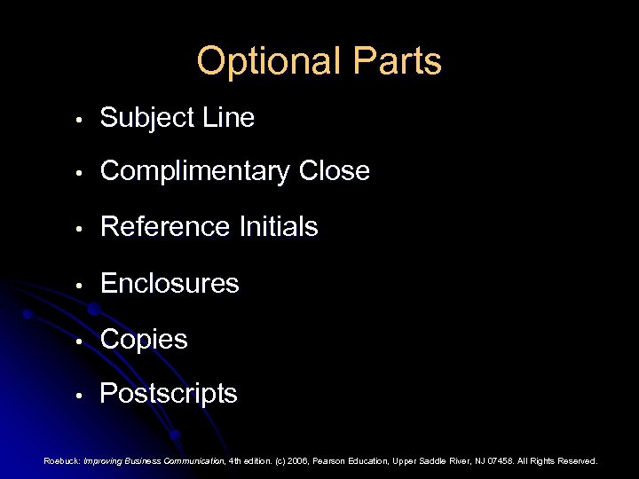 Optional Parts • Subject Line • Complimentary Close • Reference Initials • Enclosures •