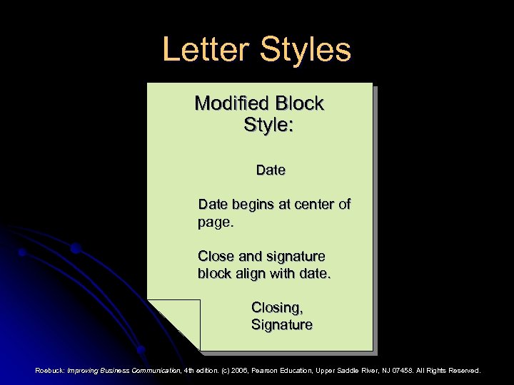 Letter Styles Modified Block Style: Date begins at center of page. Close and signature