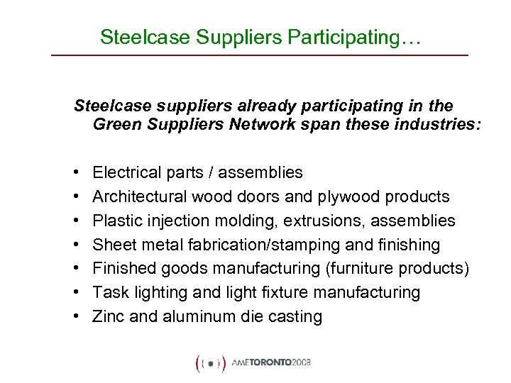 Steelcase Suppliers Participating… Steelcase suppliers already participating in the Green Suppliers Network span these