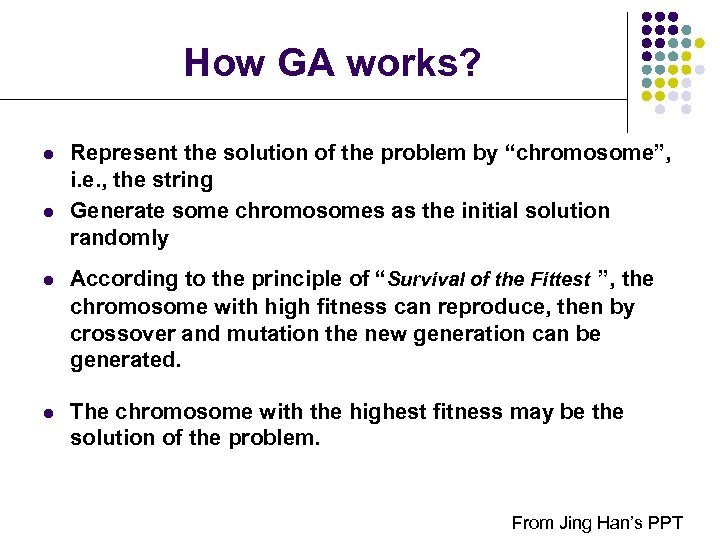 How GA works? l l Represent the solution of the problem by “chromosome”, i.