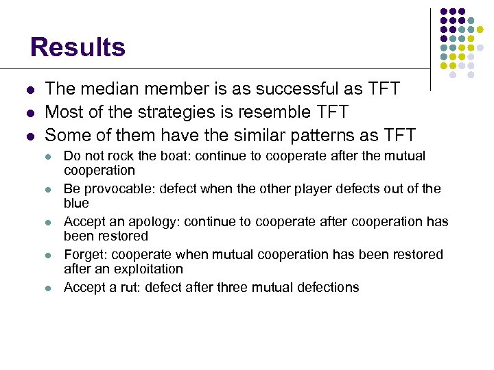 Results l l l The median member is as successful as TFT Most of