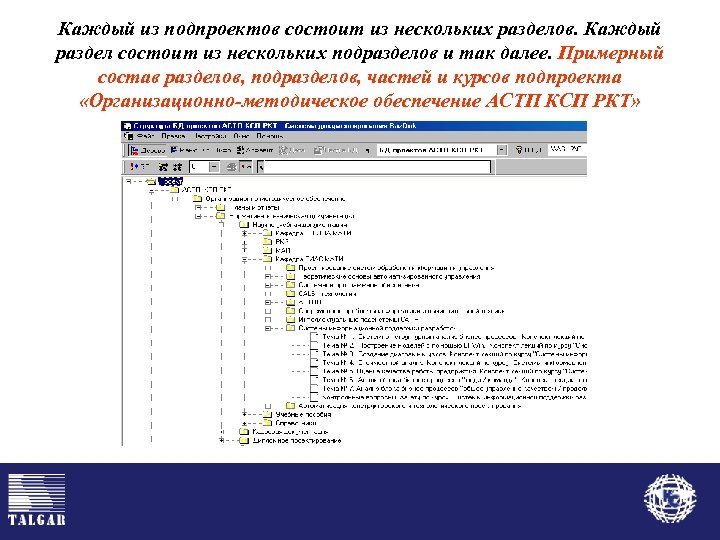 Каждый из подпроектов состоит из нескольких разделов. Каждый раздел состоит из нескольких подразделов и