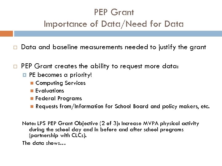 PEP Grant Importance of Data/Need for Data and baseline measurements needed to justify the