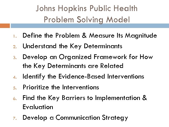 Johns Hopkins Public Health Problem Solving Model 1. 2. 3. 4. 5. 6. 7.