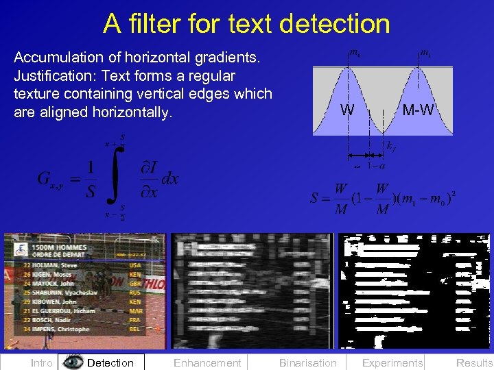 A filter for text detection Accumulation of horizontal gradients. Justification: Text forms a regular