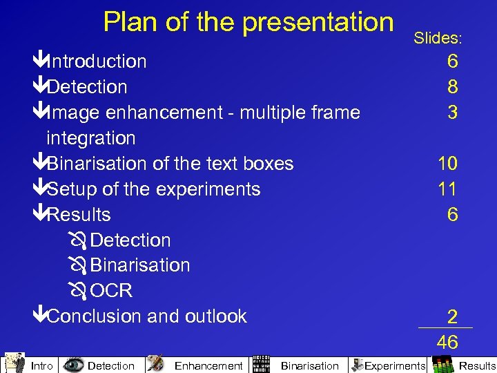 Plan of the presentation Slides: êIntroduction êDetection êImage enhancement - multiple frame integration êBinarisation