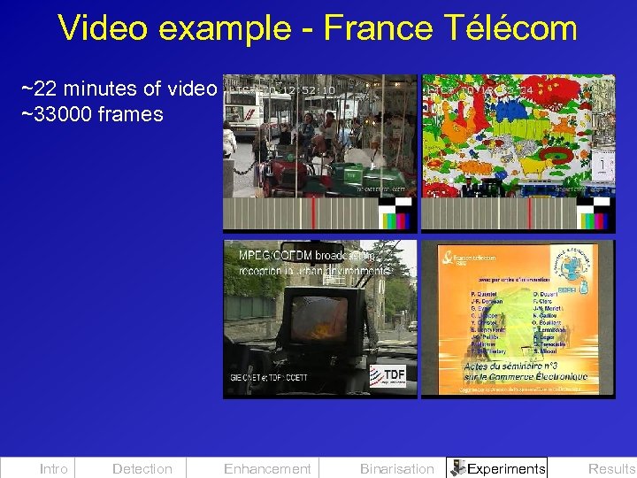 Video example - France Télécom ~22 minutes of video ~33000 frames Intro Detection Enhancement