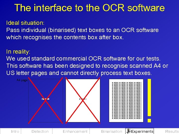 The interface to the OCR software Ideal situation: Pass individual (binarised) text boxes to