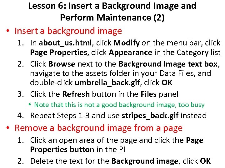 Lesson 6: Insert a Background Image and Perform Maintenance (2) • Insert a background