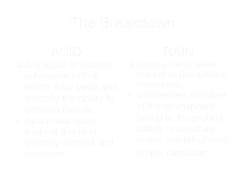 The Breakdown ACID RAIN a. Any liquid or soluble a. Drops of fresh water