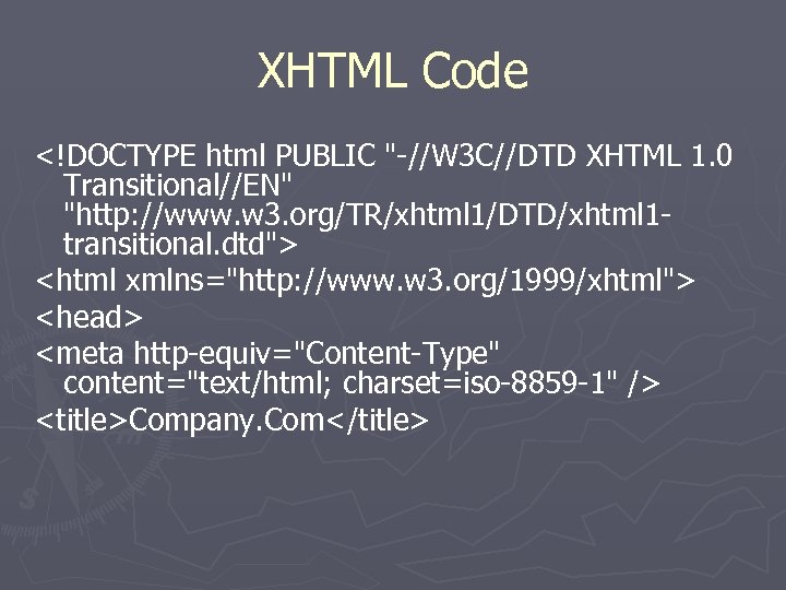 XHTML Code <!DOCTYPE html PUBLIC "-//W 3 C//DTD XHTML 1. 0 Transitional//EN" "http: //www.