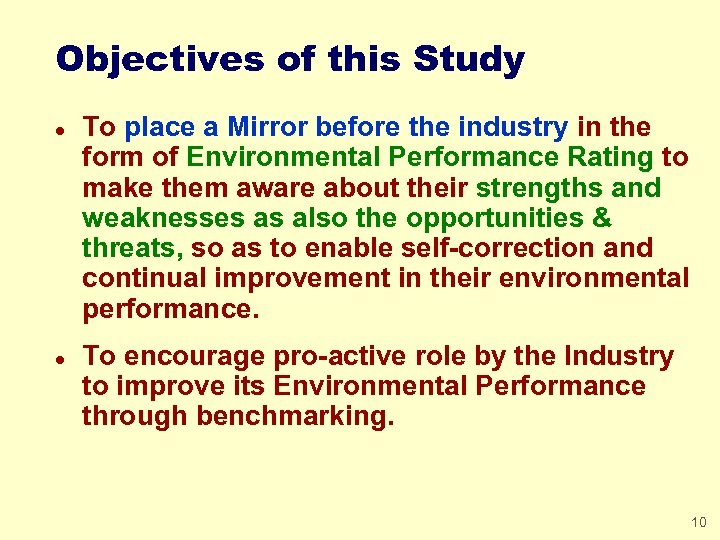 Objectives of this Study l l To place a Mirror before the industry in