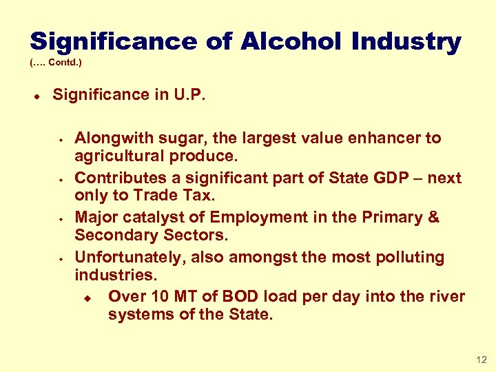 Significance of Alcohol Industry (…. Contd. ) l Significance in U. P. w w