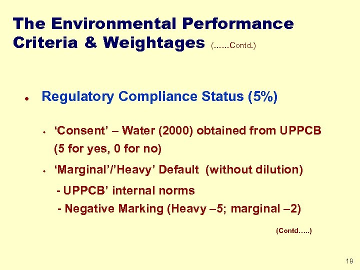 The Environmental Performance Criteria & Weightages (……Contd. ) l Regulatory Compliance Status (5%) w