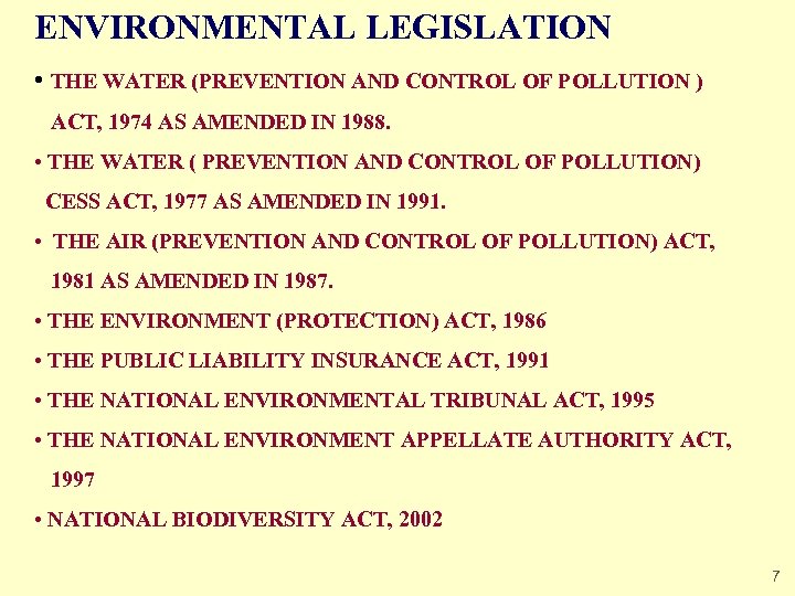 ENVIRONMENTAL LEGISLATION • THE WATER (PREVENTION AND CONTROL OF POLLUTION ) ACT, 1974 AS