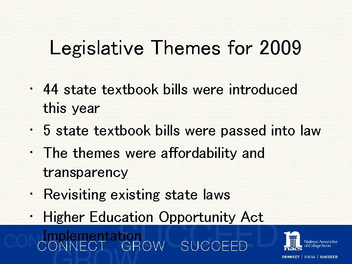 Legislative Themes for 2009 • 44 state textbook bills were introduced this year •