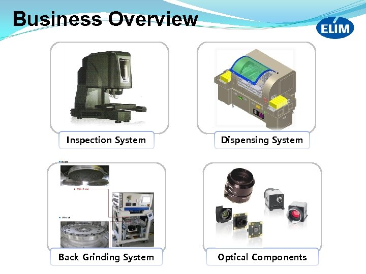 Business Overview Inspection System Dispensing System Back Grinding System Optical Components 
