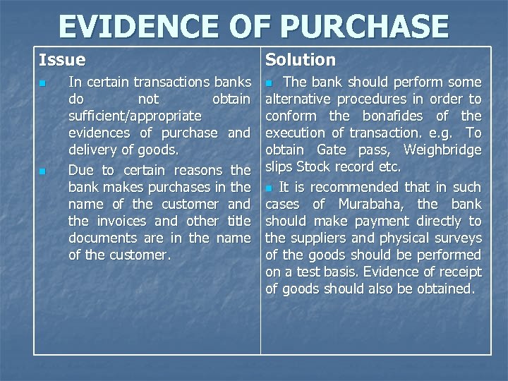 EVIDENCE OF PURCHASE Issue n n In certain transactions banks do not obtain sufficient/appropriate