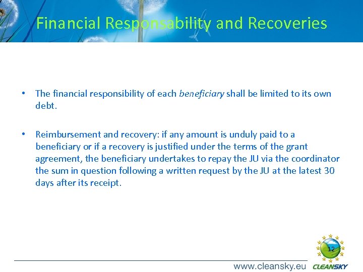 Financial Responsability and Recoveries • The financial responsibility of each beneficiary shall be limited