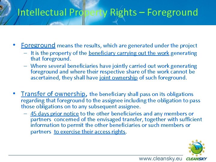 Intellectual Property Rights – Foreground • Foreground means the results, which are generated under