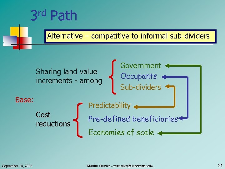 3 rd Path Alternative – competitive to informal sub-dividers Sharing land value increments -