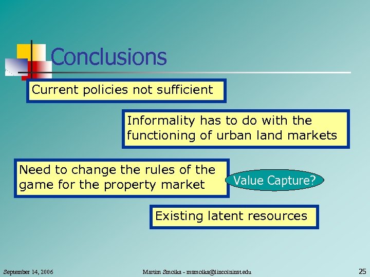 Conclusions Current policies not sufficient Informality has to do with the functioning of urban