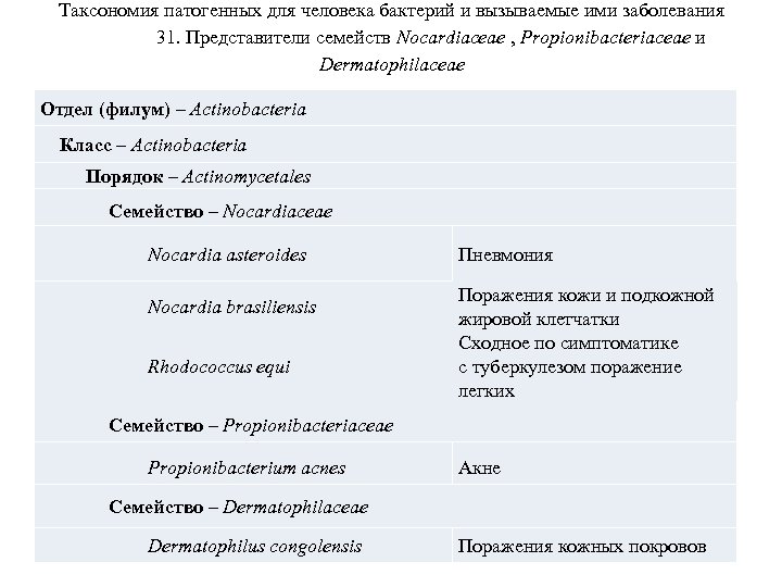Таксономия патогенных для человека бактерий и вызываемые ими заболевания 31. Представители семейств Nocardiaceae ,