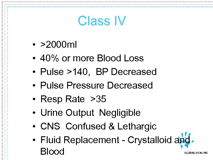 Class IV • • >2000 ml 40% or more Blood Loss Pulse >140, BP