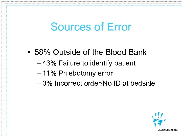 Sources of Error • 58% Outside of the Blood Bank – 43% Failure to