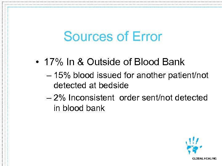 Sources of Error • 17% In & Outside of Blood Bank – 15% blood